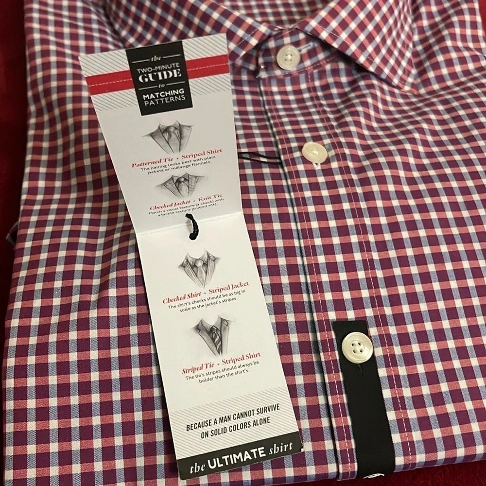 Esquire Slim Fit Non Iron Dress Shirt‎ Mens 19 34/35 Red Blue Gingham Checkered